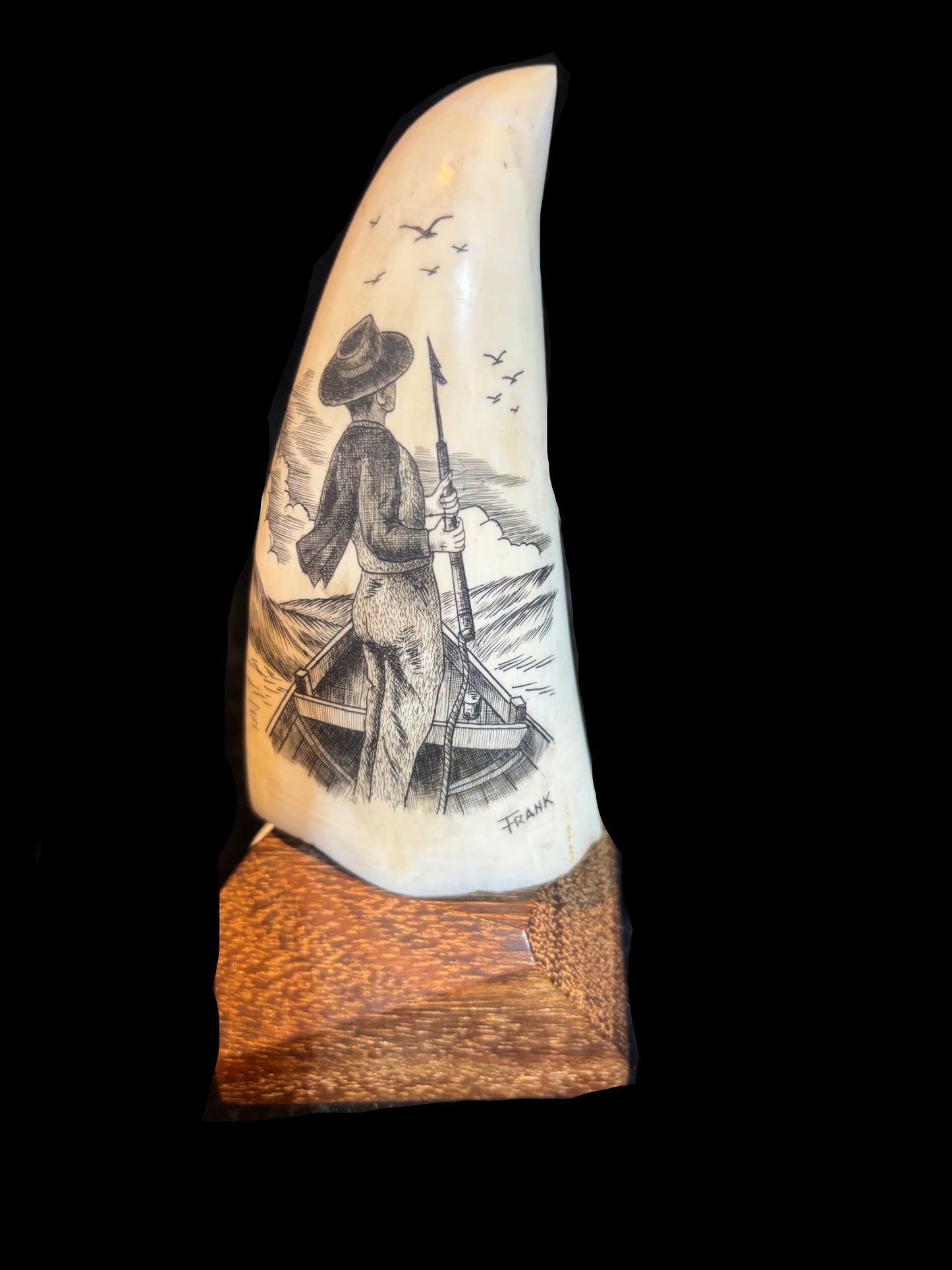 Scrimshaw-Style Whale’s Tooth on Wooden Base – Nautical Art Collectible