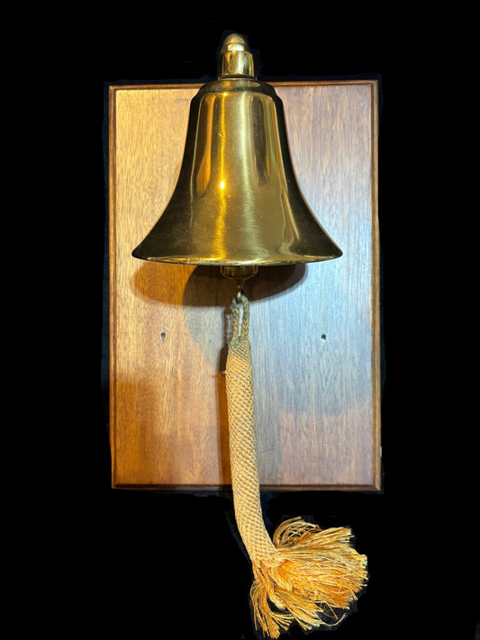 #Solid Brass Wall-Mounted Ship’s Bell on Wood Backplate with Braided Rope Pull — Nautical Decor