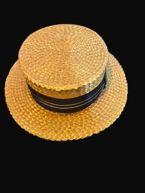 Tuells Hats Straw Boater Hat Size 7 3/8 Skimmer Hat with Black Ribbon