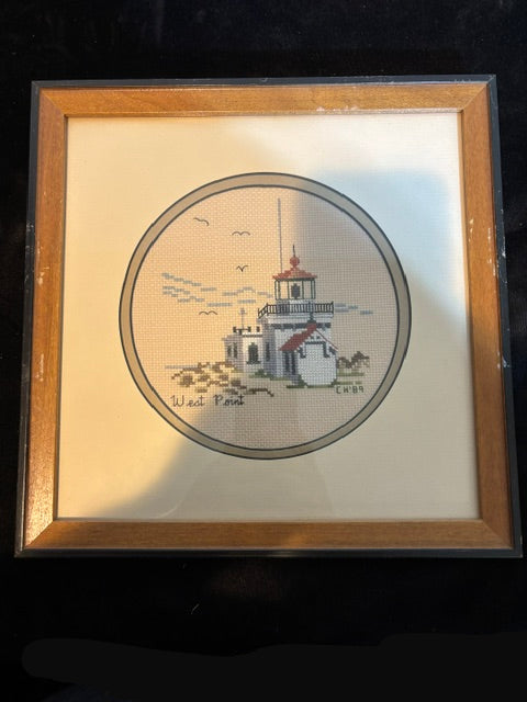 #Framed West Point Lighthouse Cross Stitch Needlework Nautical Folk Art Gift Dated 1989 - Annapolis Maritime Antiques