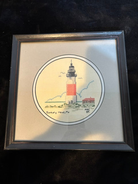 #Signed Maggie Clark Sankaty Head Lighthouse Nantucket MA Framed Cross Stitch Needlework 1989 - Annapolis Maritime Antiques