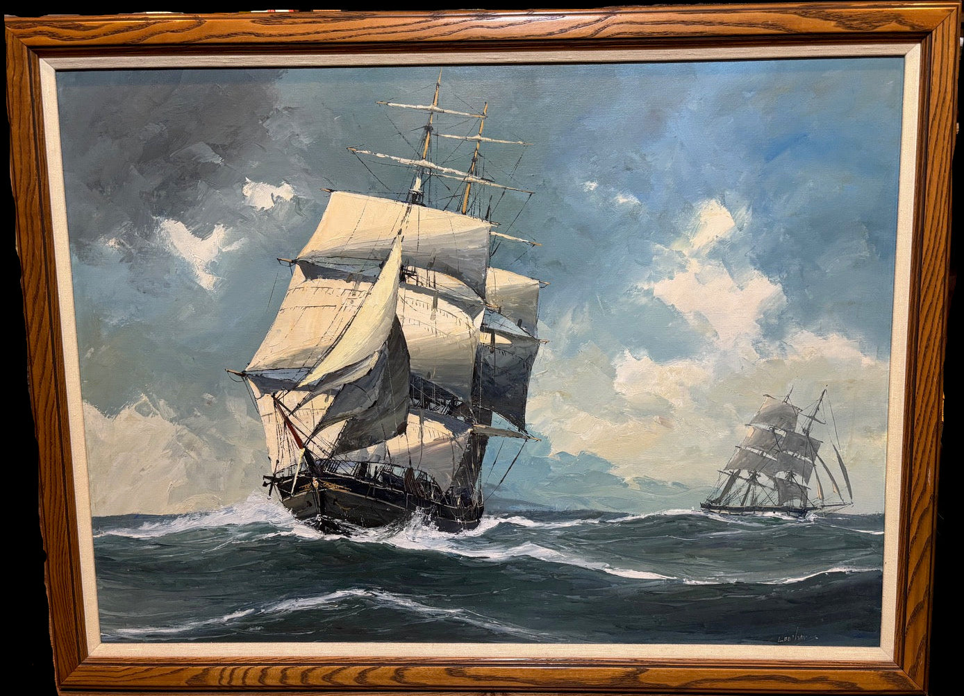 #Nautical Oil Painting of Sailing Ships – Signed Maritime Seascape, Framed