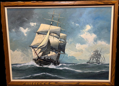 #Nautical Oil Painting of Sailing Ships – Signed Maritime Seascape, Framed
