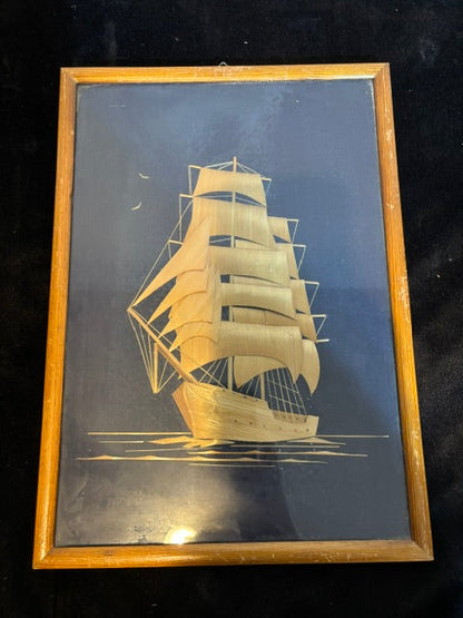 #Polish Wood Marquetry Sailing Ship Wall Art Framed Nautical Folk Art - Annapolis Maritime Antiques