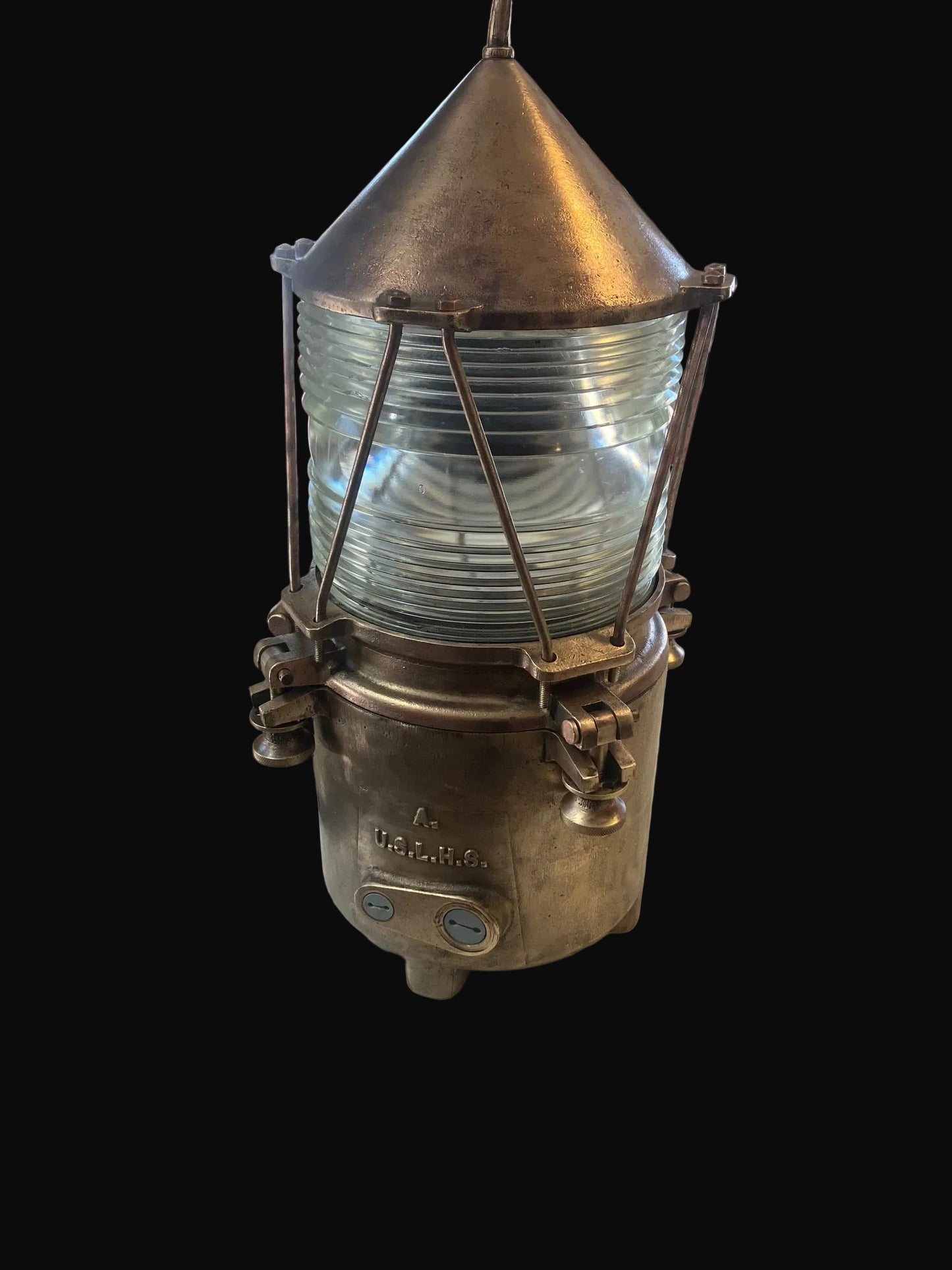 U.S. Lighthouse Service Bronze Marine Lantern Beacon Light w/ Fresnel Lens