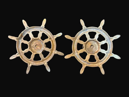 #Ship Wheel Candlesticks Pair Nautical Taper Candle Holders - Annapolis Maritime Antiques