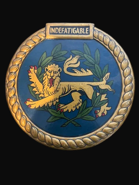 #Hand-Painted HMS Indefatigable Naval Crest Plaque – Wooden Maritime Display Emblem - Annapolis Maritime Antiques