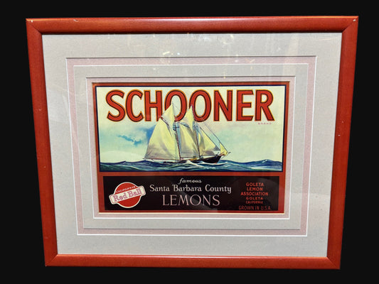 #Framed Citrus Crate Label – “Schooner Brand” (Goleta Lemon Association, Santa Barbara County, California)