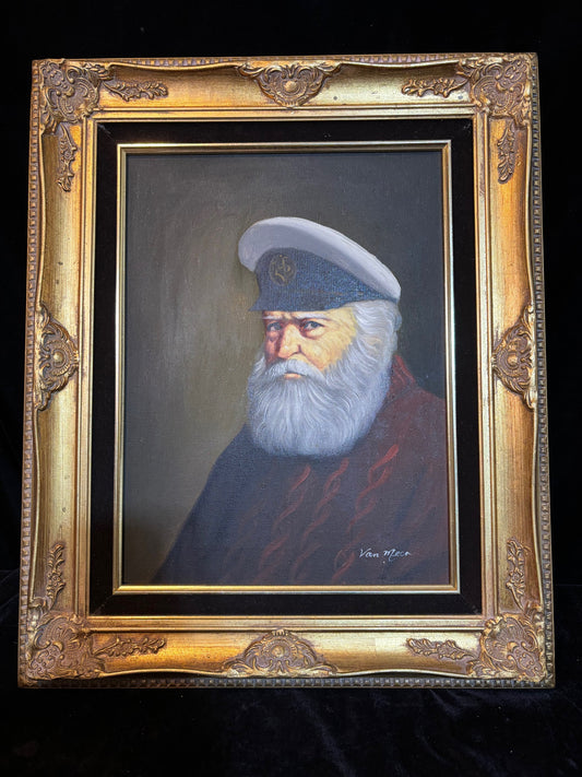 Oil Painting – Bearded Sea Captain by Van Meer – Framed Maritime Portrait