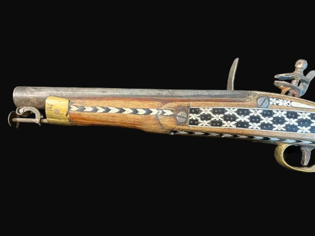 #Decorative Ottoman-Style Flintlock Pistol with Inlaid Stock - Annapolis Maritime Antiques