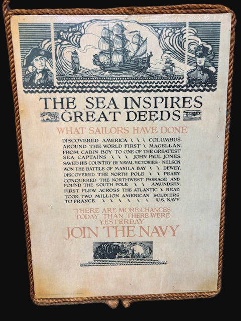 #U.S. Navy Recruiting Plaque – “The Sea Inspires Great Deeds” – Rope Trim Wood Mount
