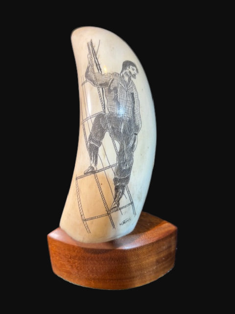 #Scrimshaw Whale Tooth – Sailor Climbing Rigging – Signed Martins
