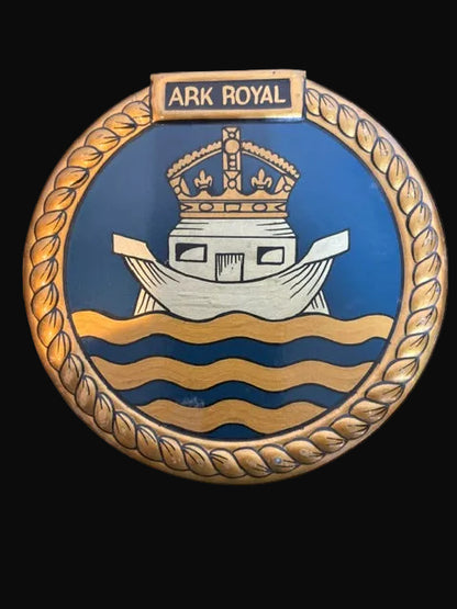#Hand-Painted HMS Ark Royal Naval Crest Plaque – Wooden Maritime Display Emblem - Annapolis Maritime Antiques