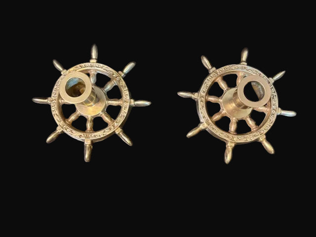 #Ship Wheel Candlesticks Pair Nautical Taper Candle Holders - Annapolis Maritime Antiques