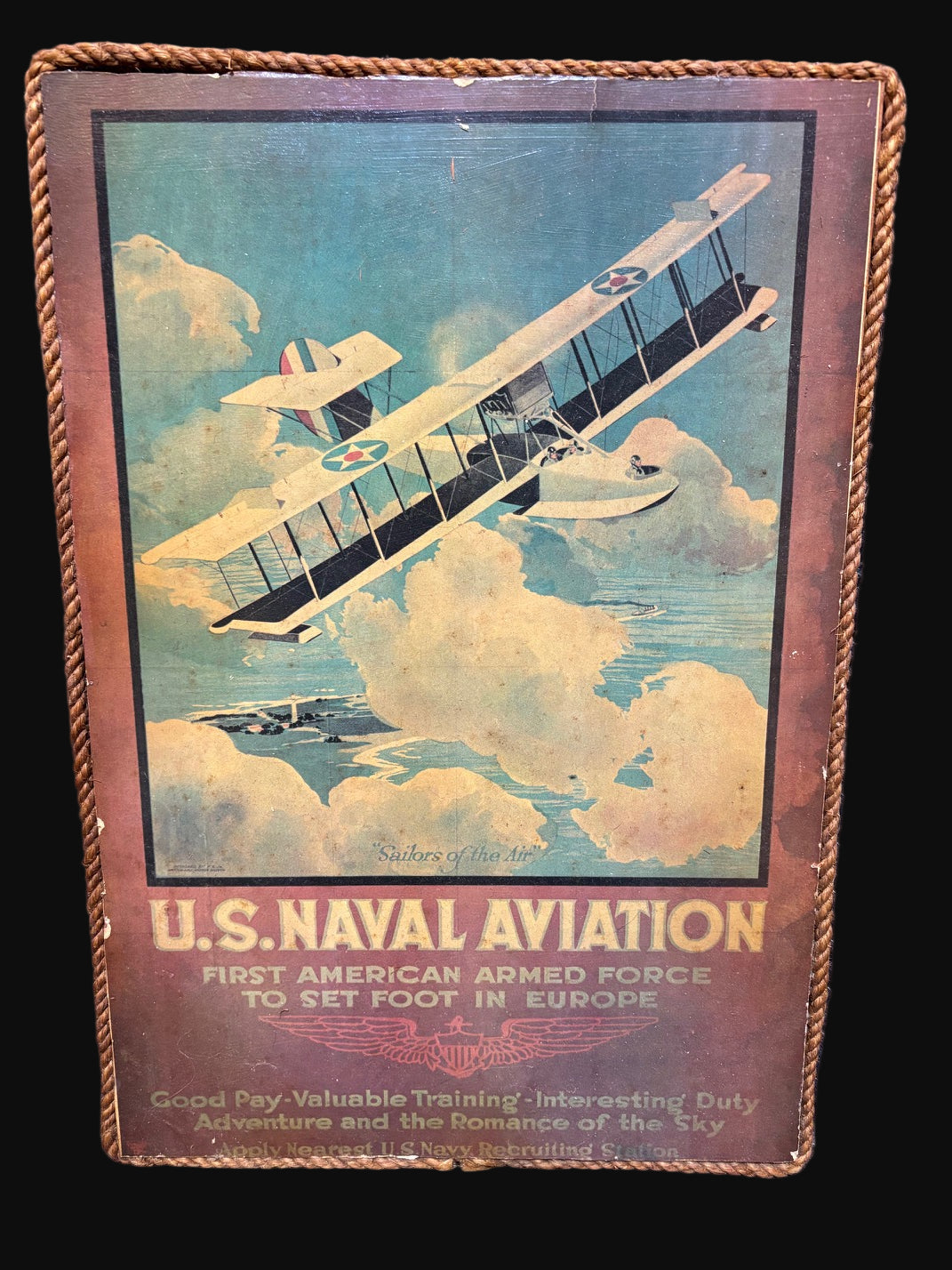 #U.S. Naval Aviation Recruitment Poster Reproduction – Wood Plaque with Rope Trim