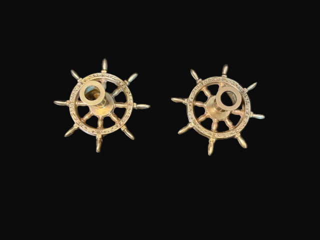 #Ship Wheel Candlesticks Pair Nautical Taper Candle Holders - Annapolis Maritime Antiques