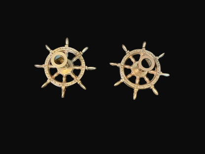 #Ship Wheel Candlesticks Pair Nautical Taper Candle Holders - Annapolis Maritime Antiques