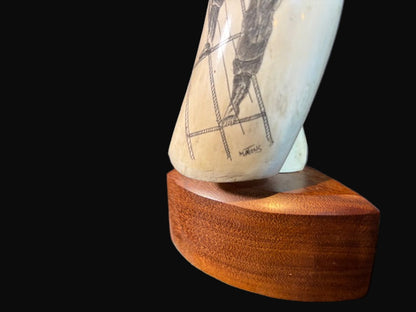 #Scrimshaw Whale Tooth – Sailor Climbing Rigging – Signed Martins