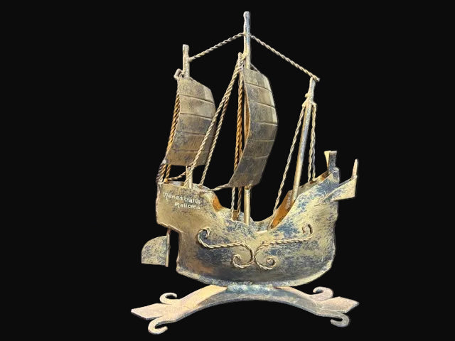 #Menestralia Mallorca Metal Sailing Ship – Spanish Brass Souvenir Sculpture - Annapolis Maritime Antiques