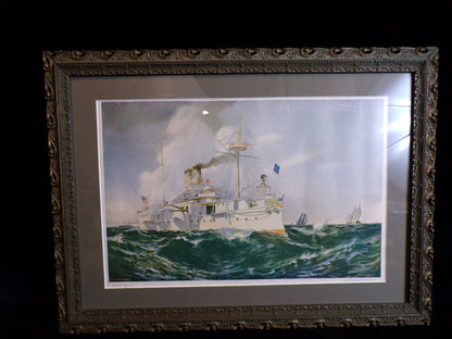 Art, USS Maine BB-10. Print, custom hand-made wood frame Circa early 1900's