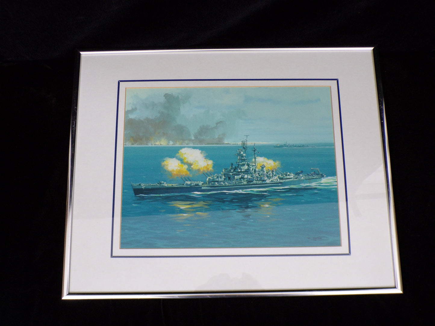 Battleship USS Massachusetts BB 59 - Original Signed Framed Print by Robert Watts