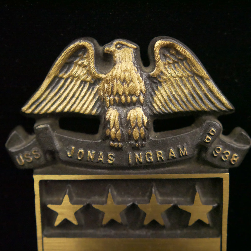 Closeup of USS Jonas Ingram DD 938 bronze plaque
