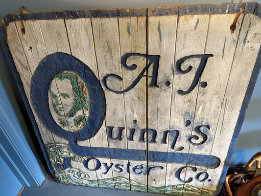 Wooden Sign, AJ Quinn Oyster co., Antique