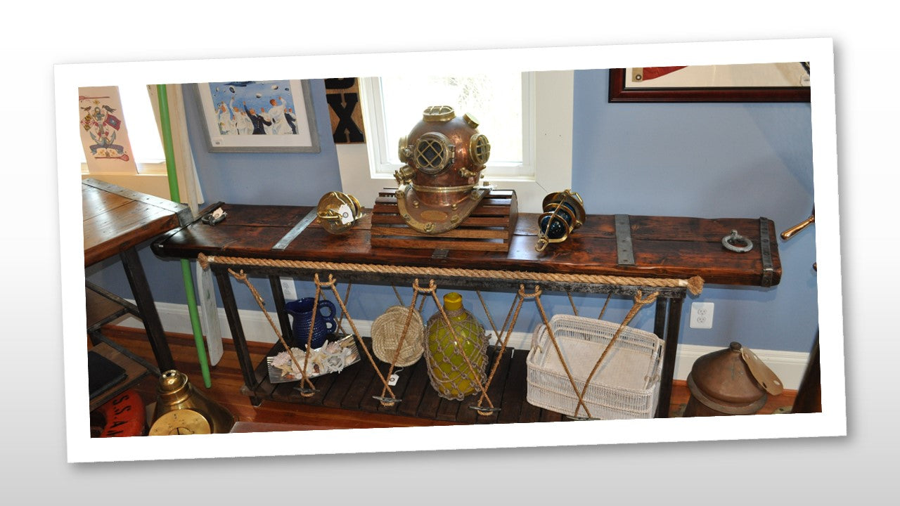 Nautical Pier Console Table Made from WWII Liberty Ship Hatch Cover