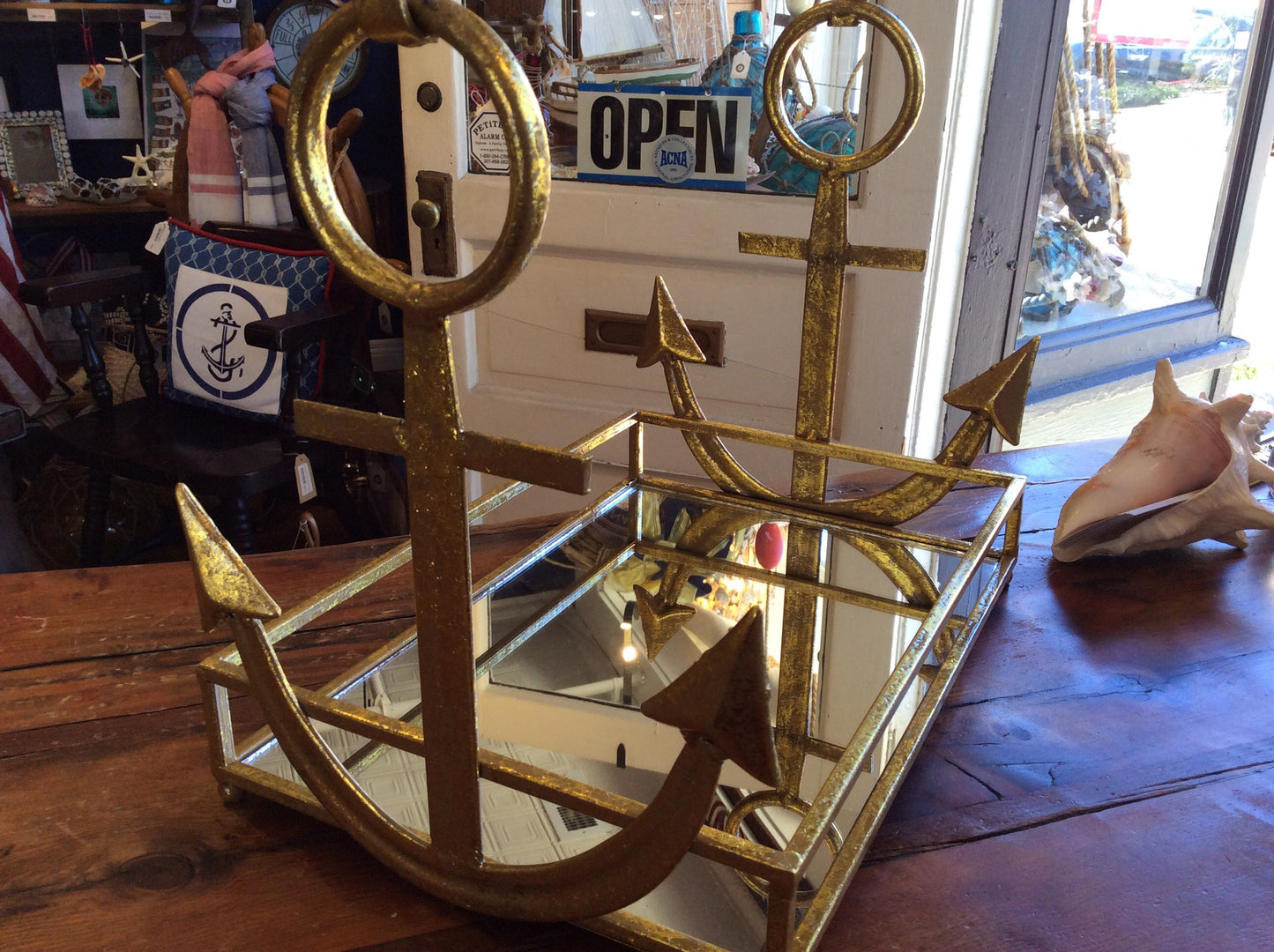 Tray, w/anchor and mirrored, gold - Annapolis Maritime Antiques