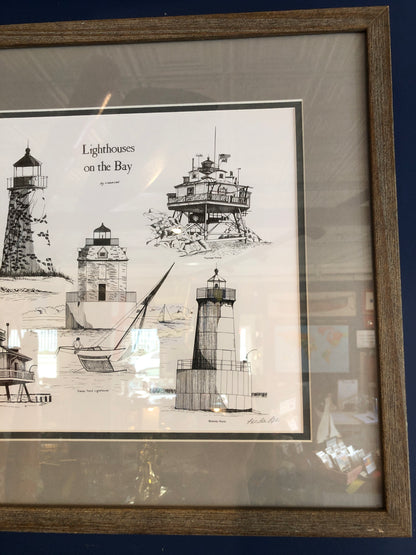 Lighthouses On The Bay, Pen And Ink, Framed 16x20"