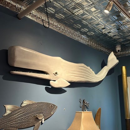 7' Wall Mounted White Sperm Whale, Wood Carving