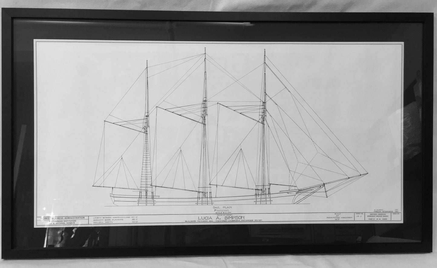 Lucia A. Simpson, Framed sail plan, Works Progress Administration - Annapolis Maritime Antiques