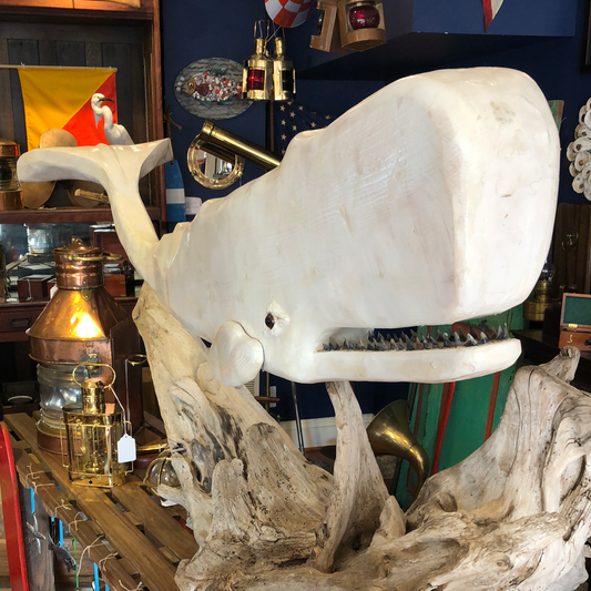 7' White Sperm Whale on Driftwood Base, Wood Carving