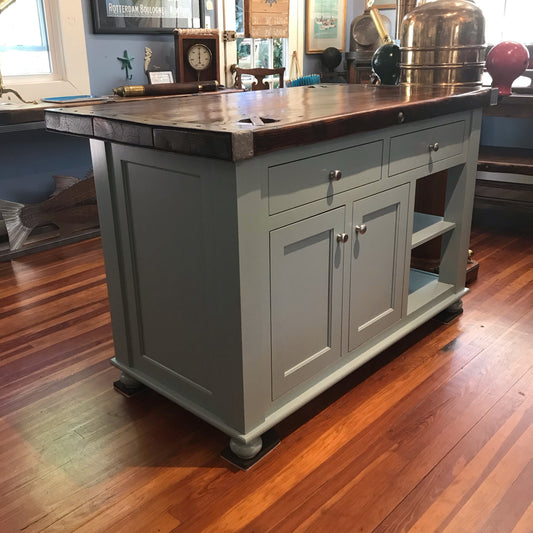 Kitchen Center Island with Liberty Ship Hatch Cover Top - Annapolis Maritime Antiques