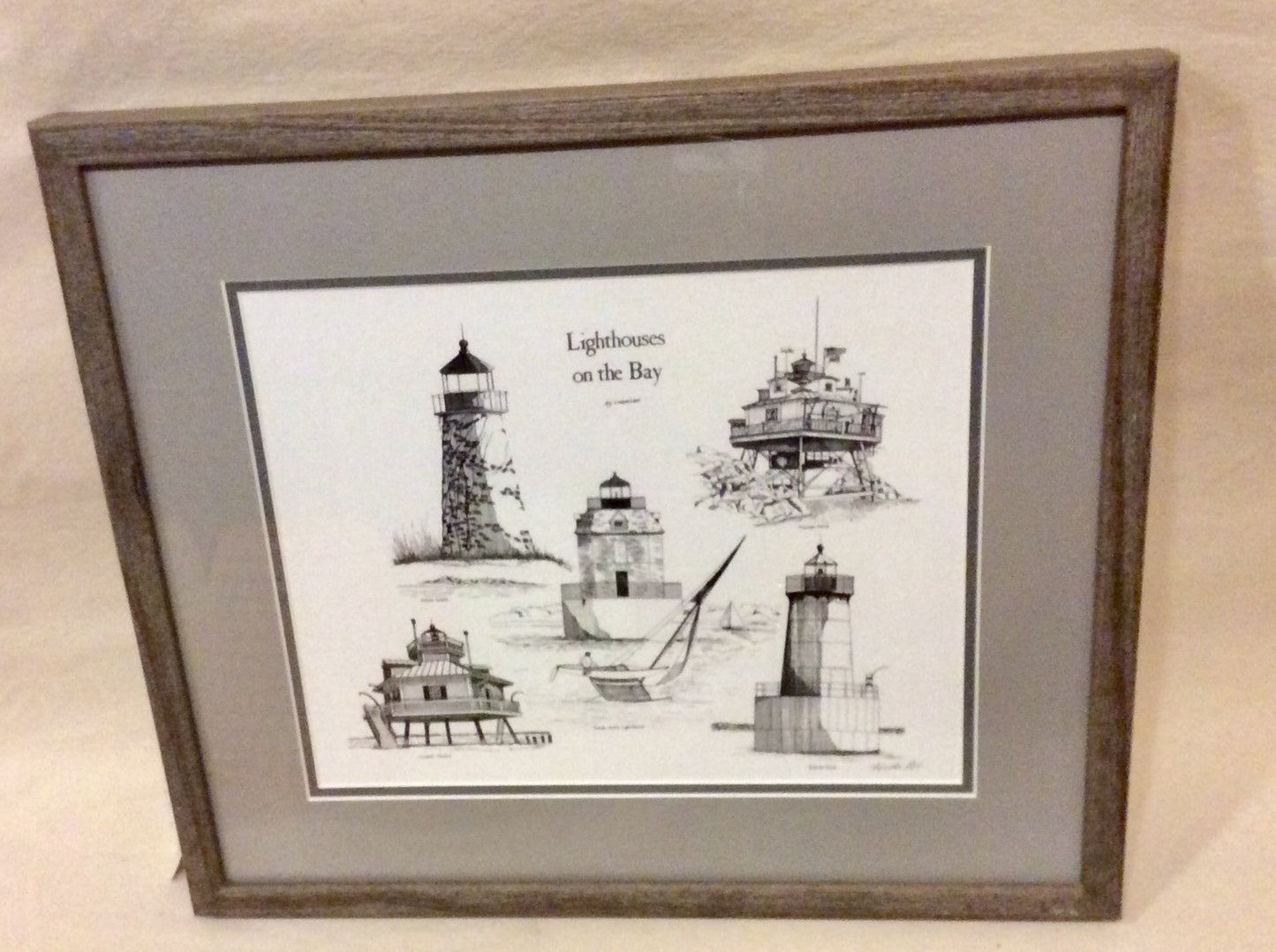 Lighthouses On The Bay, Pen And Ink, Framed 16x20" - Annapolis Maritime Antiques