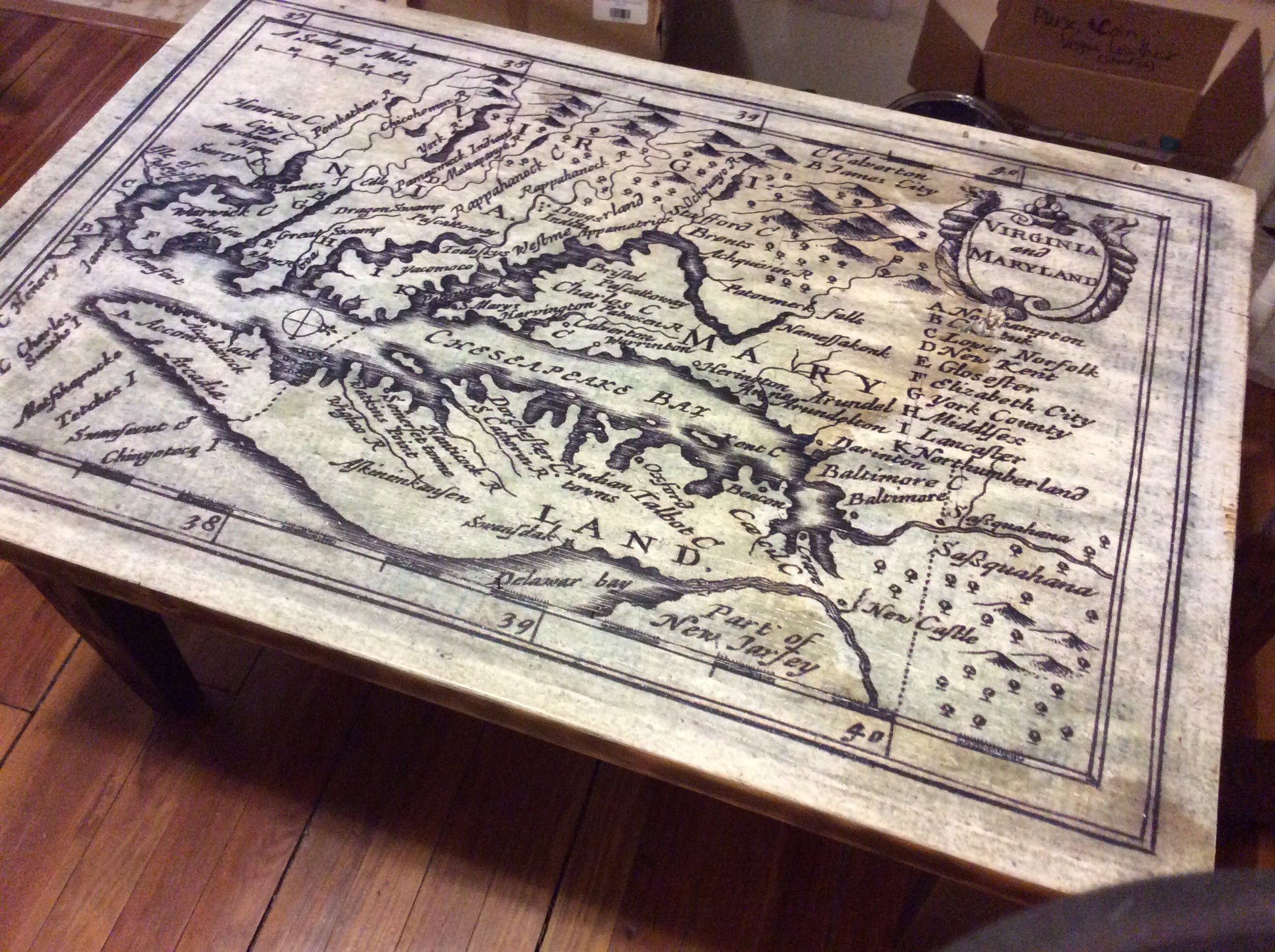Coffee table, Domino Sugar Factory, With Map of Va, Md, and Chesapeake Bay - Annapolis Maritime Antiques