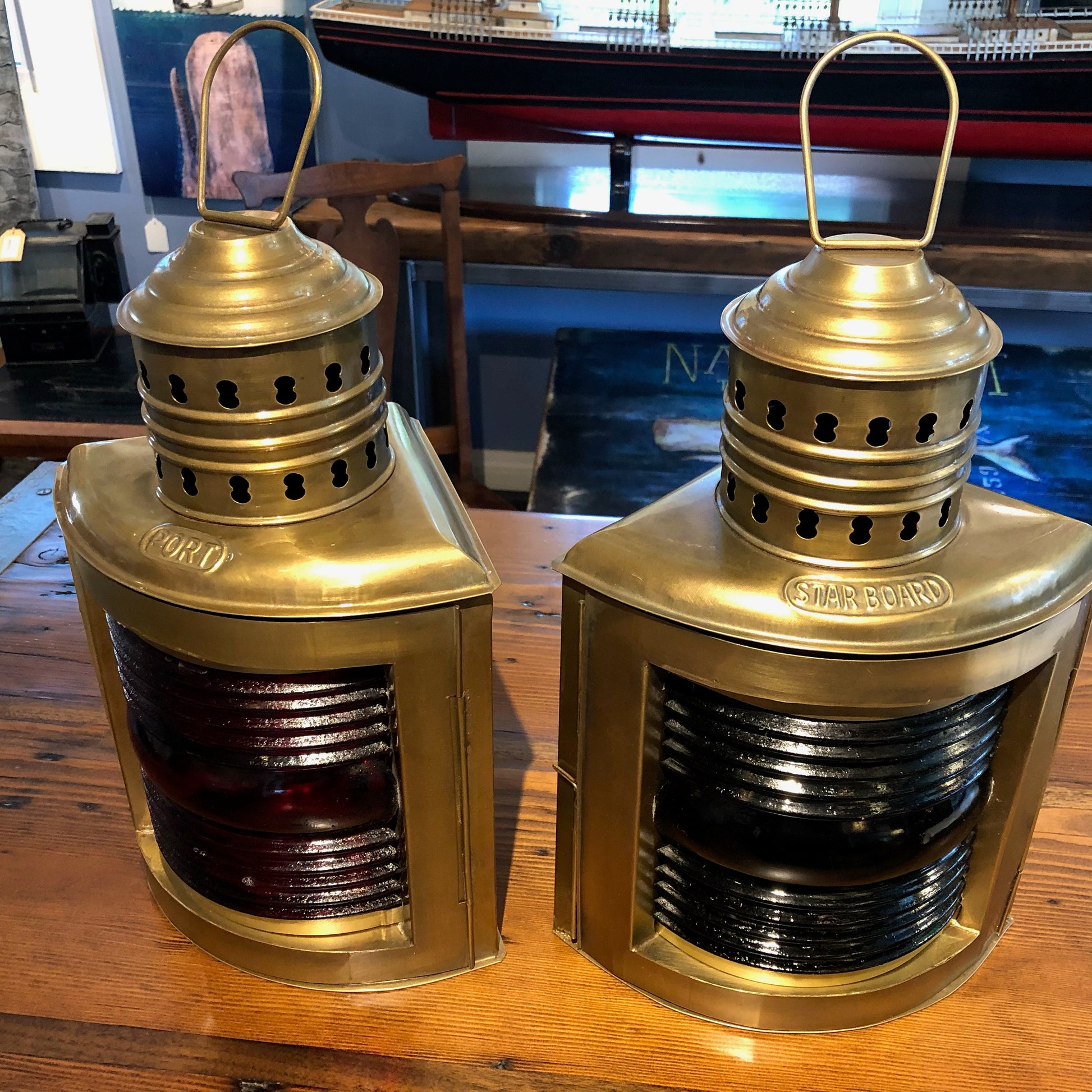 Port and Starboard lights, Pair, Red and Green Fresnel, 14” tall - Annapolis Maritime Antiques