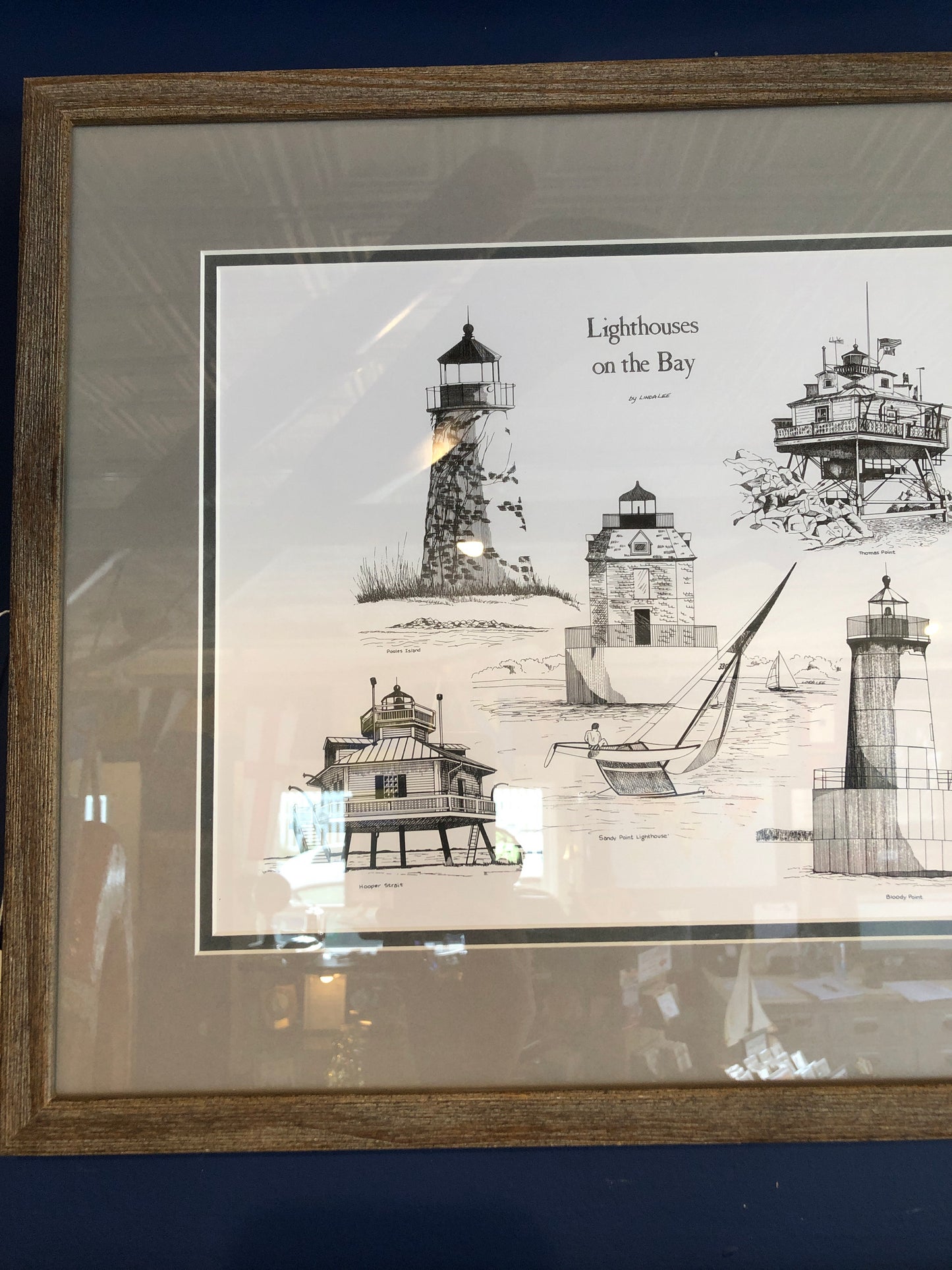 Lighthouses On The Bay, Pen And Ink, Framed 16x20"