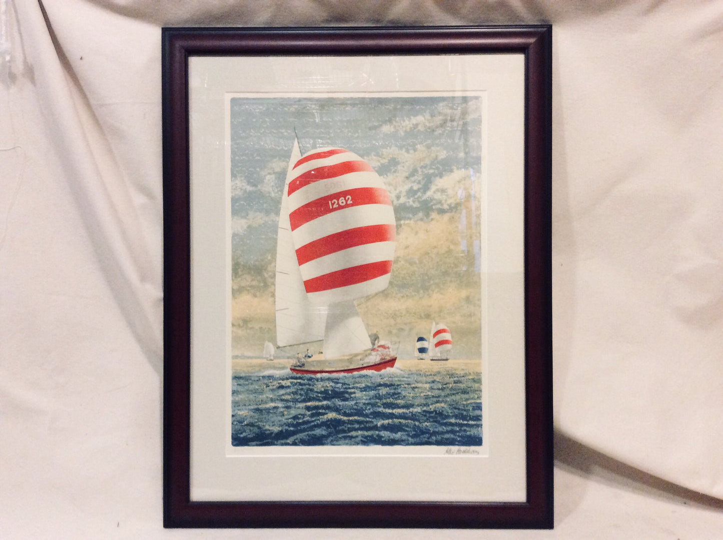 Lithograph, Sailboat 2, Striped Spinnaker, Framed - Annapolis Maritime Antiques
