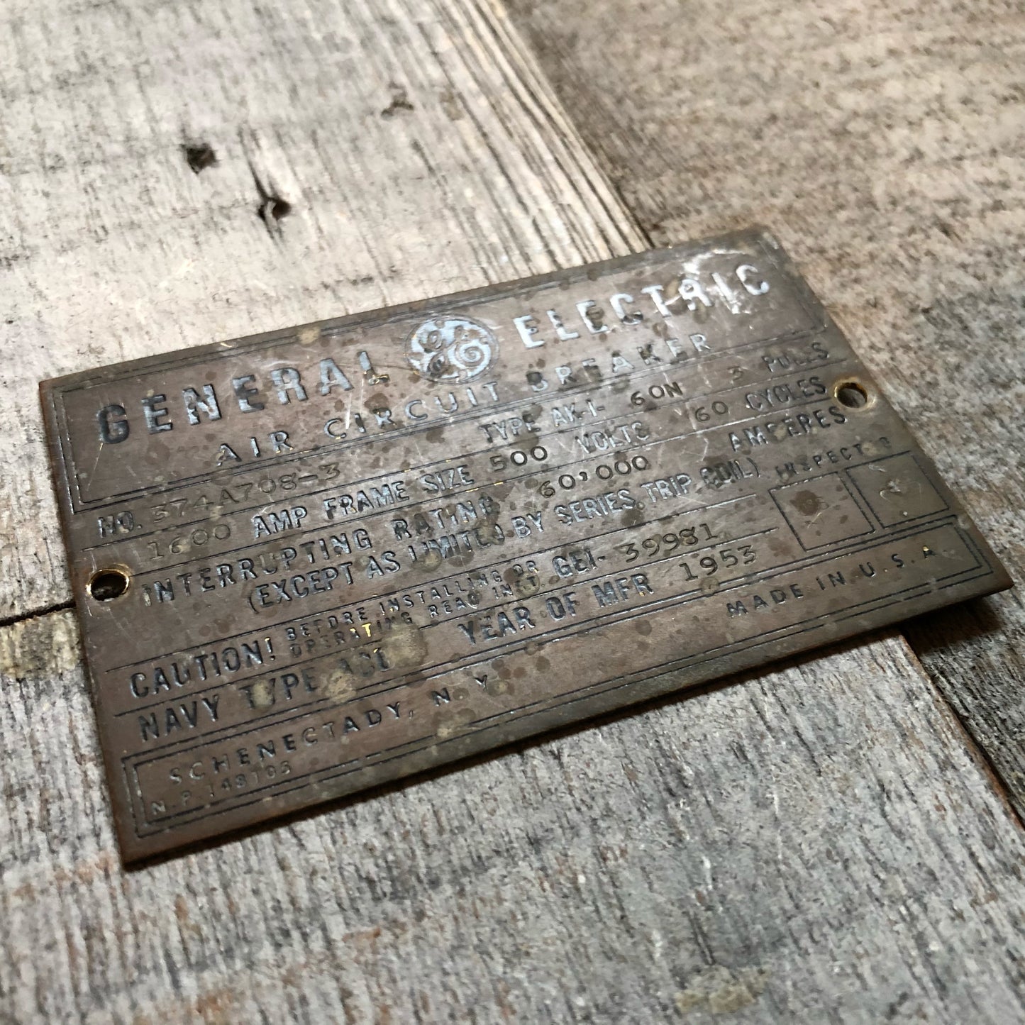 General Electric Air Circuit Breaker Plate - Annapolis Maritime Antiques