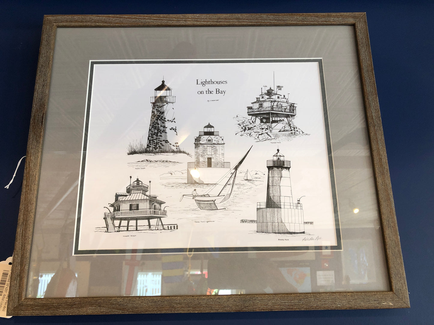 Lighthouses On The Bay, Pen And Ink, Framed 16x20"