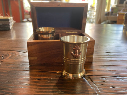 Wooden Box with 2 Brass Shot Glasses