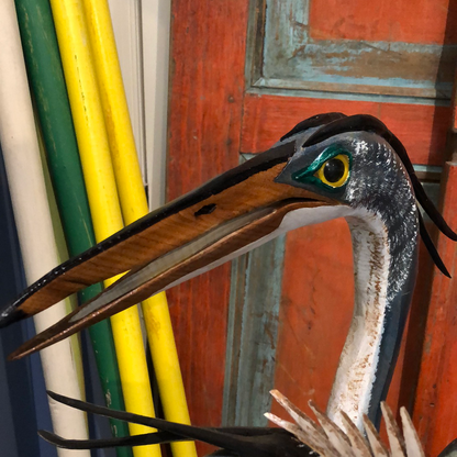 Giant Great Blue Heron, Open Mouth, Wood Carving